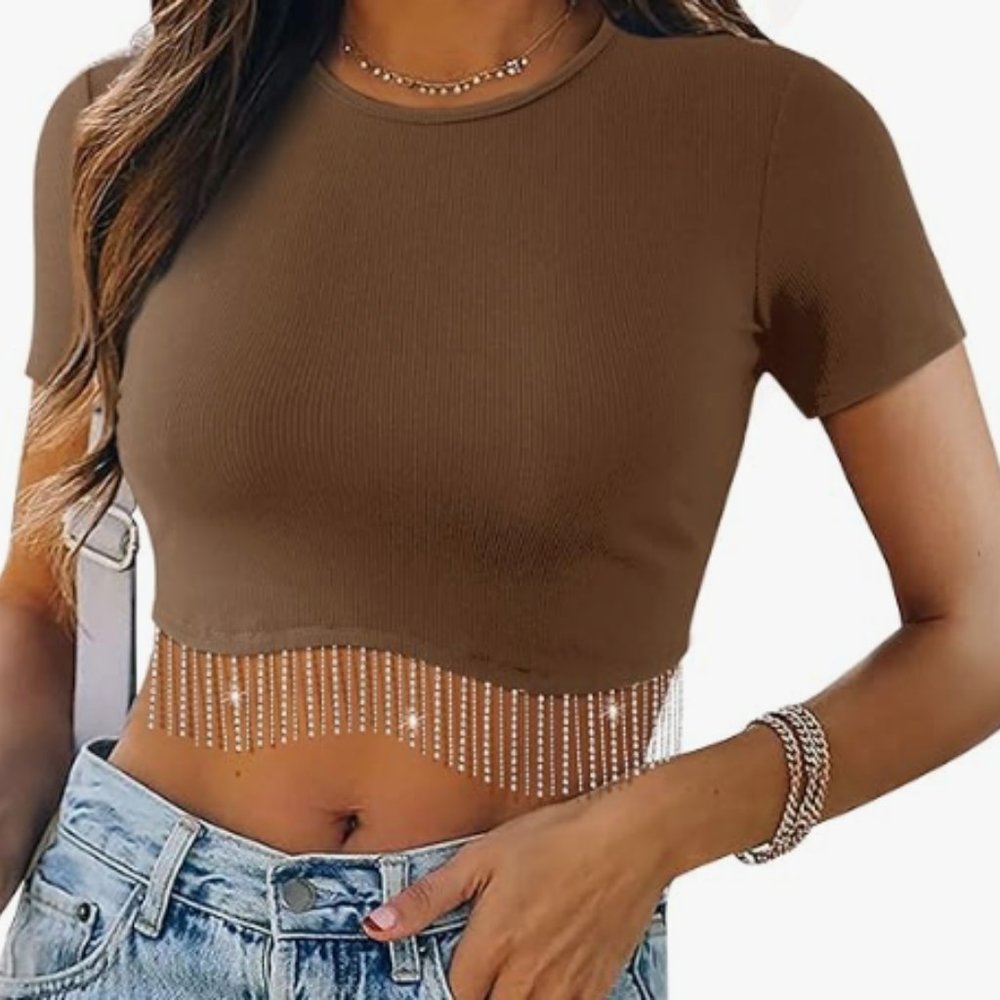 Nashville Sparkly Glitter Fringe Short Sleeve Crop Top Ribbed Rhinestone Tassel